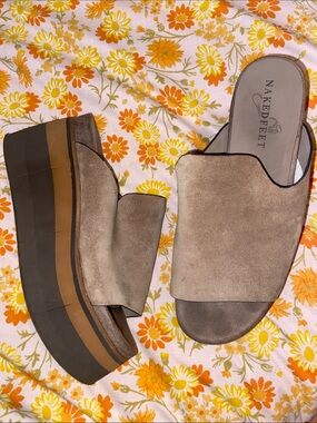 NakedFeet Taupe Suede Platform Slide Sandals